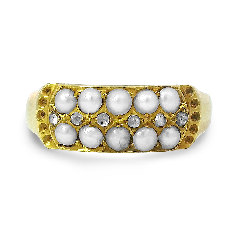 PAGE Estate Ring Victorian 18K Yellow Gold Seed Pearl and Rose Cut Diamond Ring 7