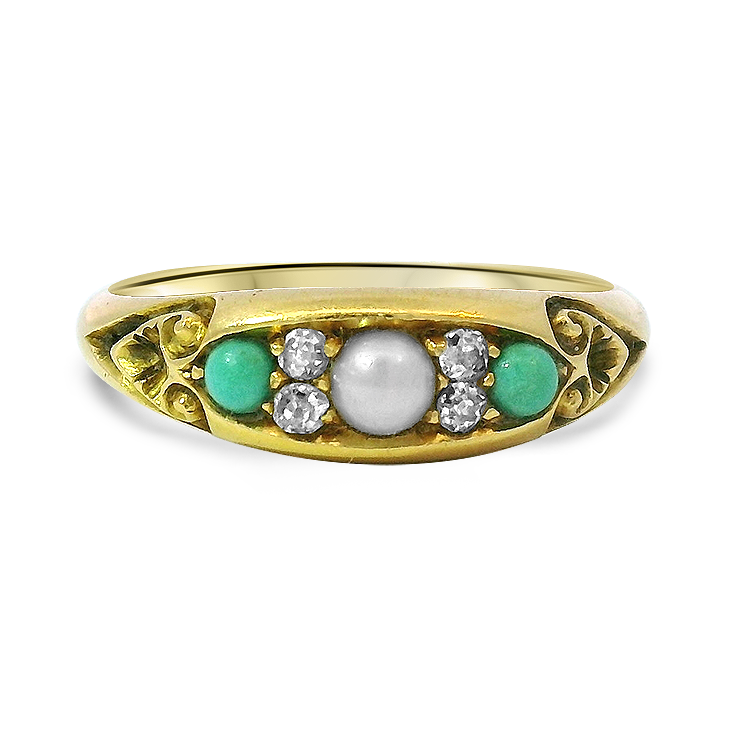 PAGE Estate Ring Victorian 18K Yellow Gold Seed Pearl, Turquoise, and Diamond Ring 8.5