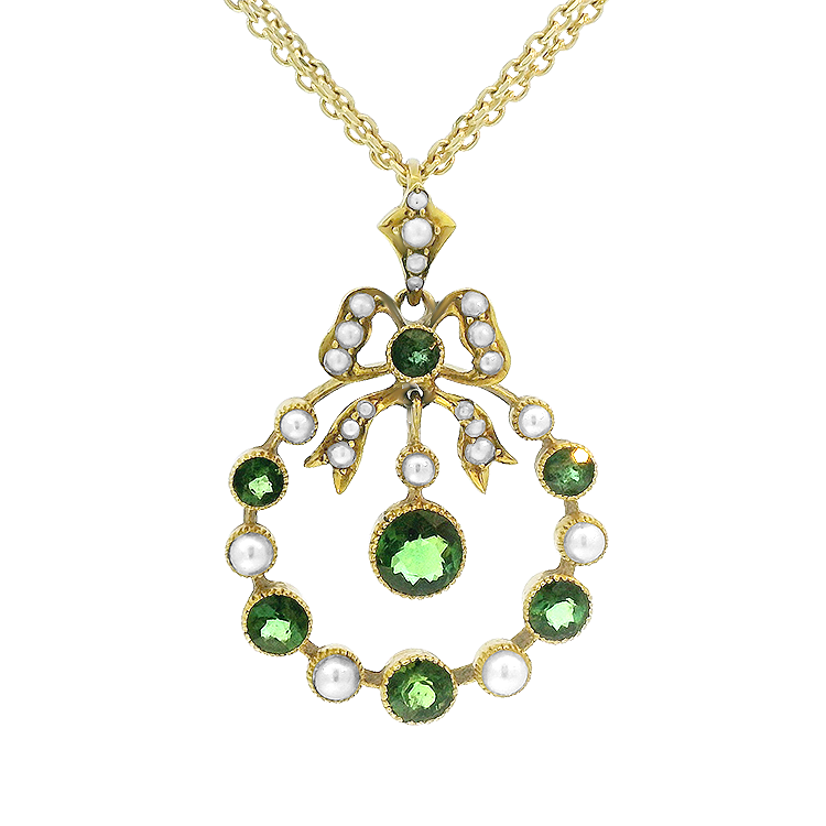 PAGE Estate Necklaces and Pendants Victorian 18K Yellow Gold Tsavorite Garnet & Seed Pearl Bow Pendant