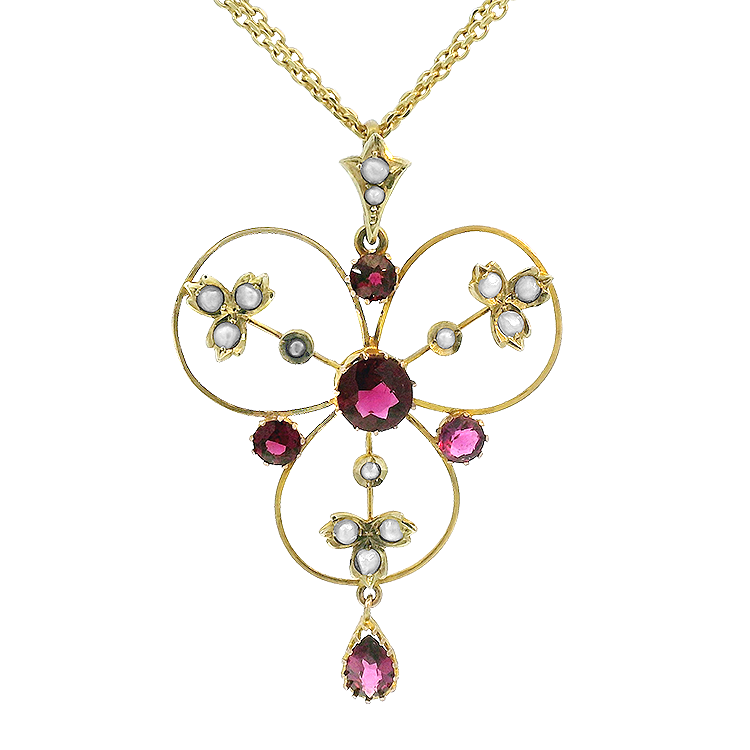 PAGE Estate Necklaces and Pendants Victorian 9K Yellow Gold Rhodolite Garnet & Seed Pearl Pendant