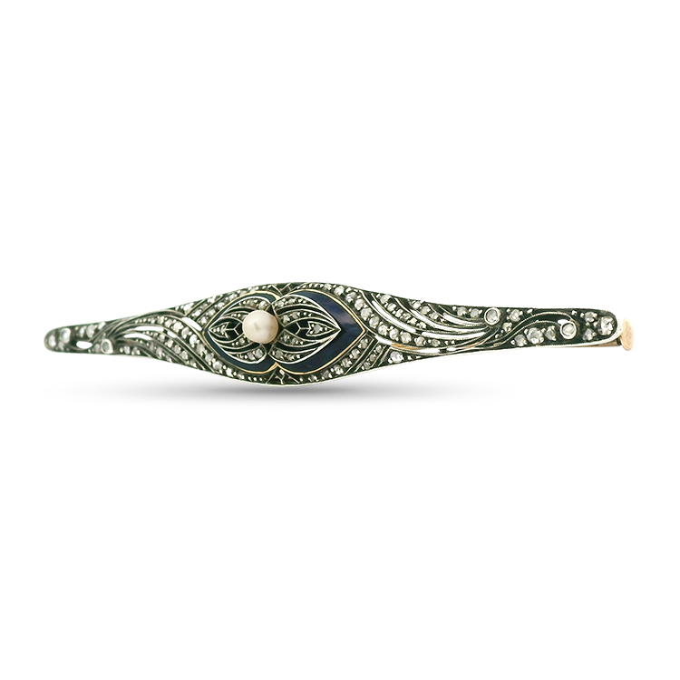 PAGE Estate Pins & Brooches Victorian Sterling Silver and 18k Yellow Gold Blue Enamel Diamond and Pearl Bar Pin