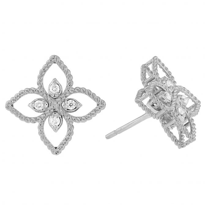 Roberto Coin Earrings Roberto Coin Principessa Flower Diamond Pavé Small Stud Earrings in White Gold
