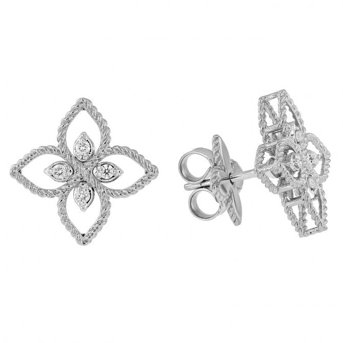 Roberto Coin Earrings Roberto Coin Principessa Flower Diamond Pavé Small Stud Earrings in White Gold