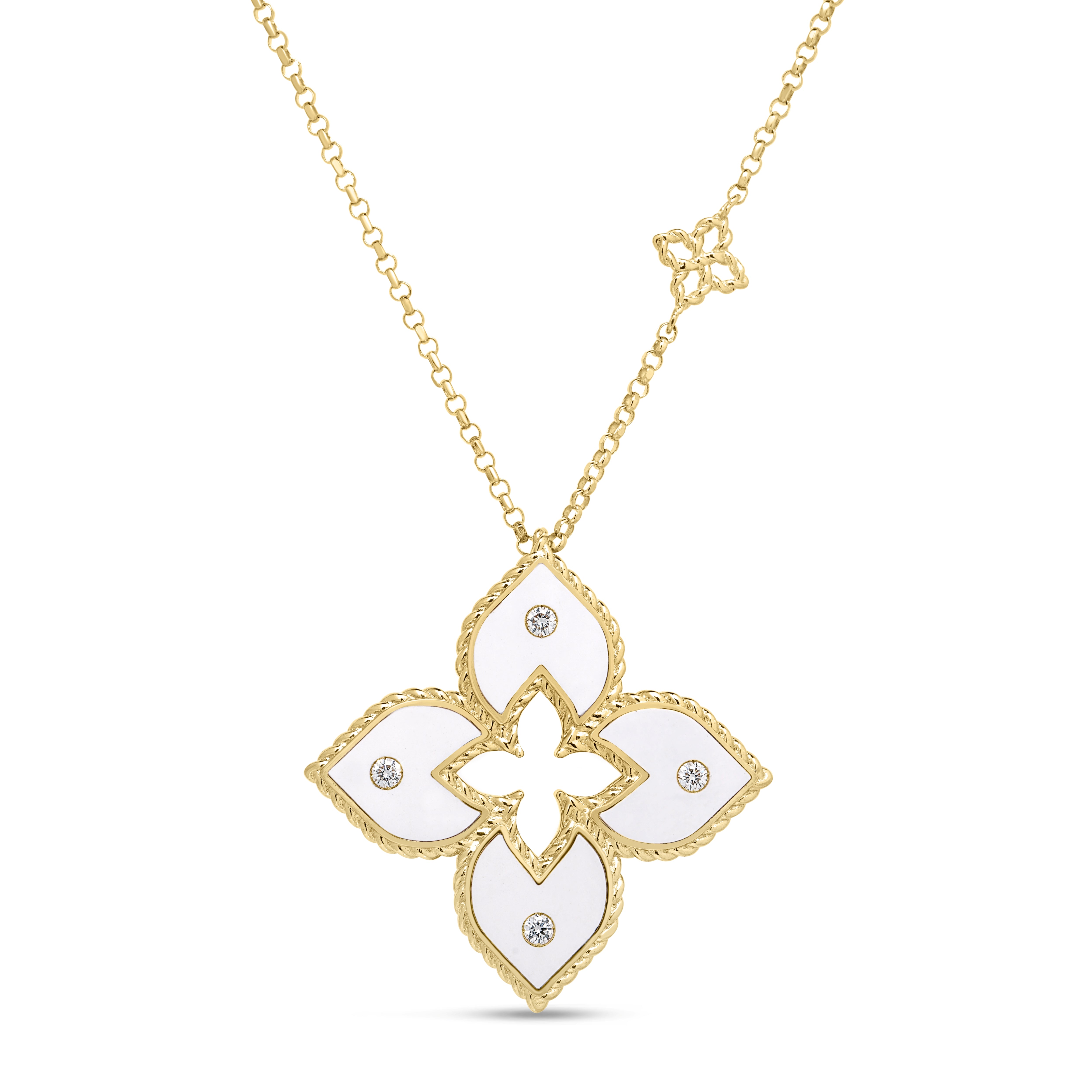Roberto Coin Necklace Roberto Coin Venetian Princess 18K Yellow Gold Diamond and White Enamel Flower Necklace