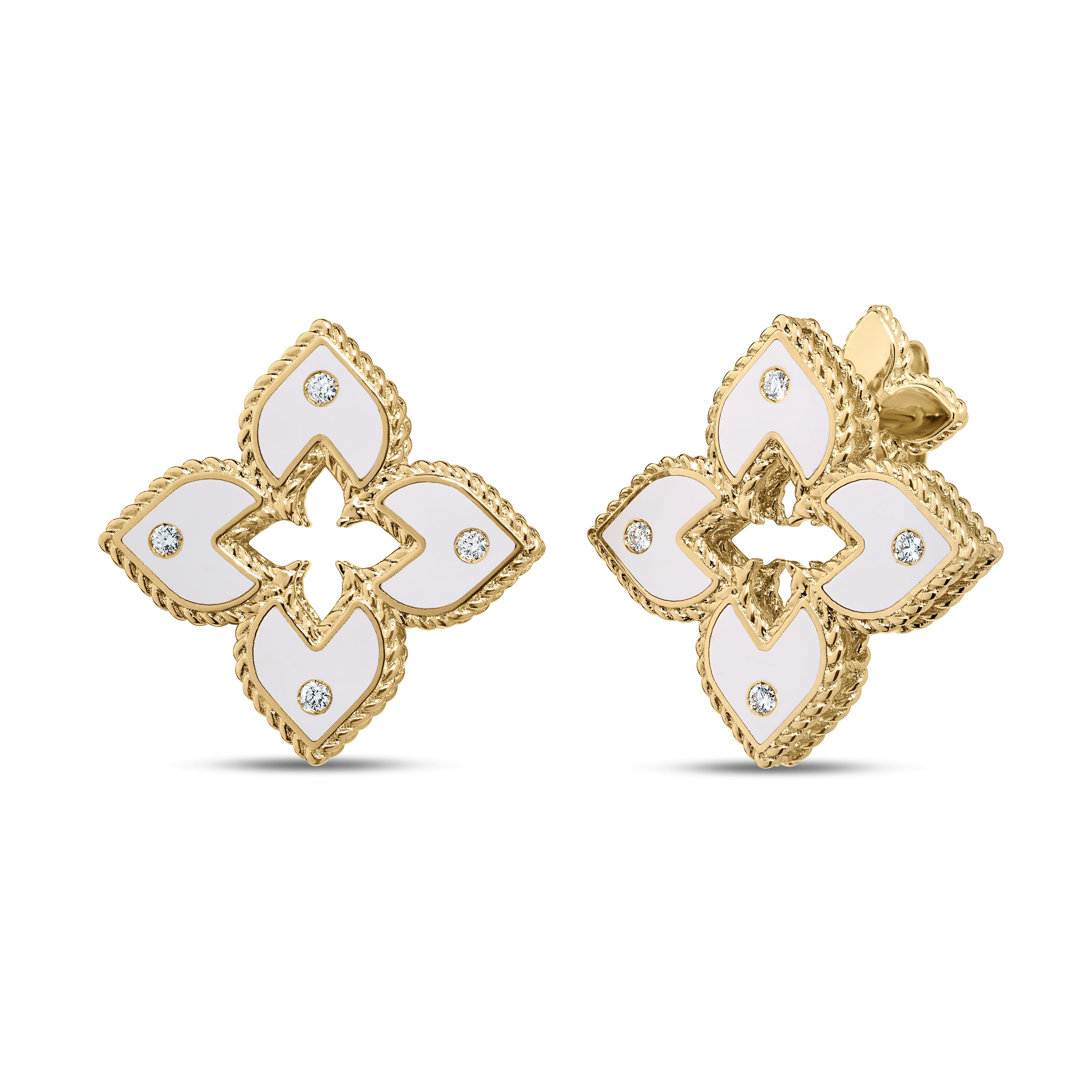 Roberto Coin Earrings Roberto Coin Venetian Princess 18K Yellow Gold Diamond and White Enamel Flower Stud Earrings