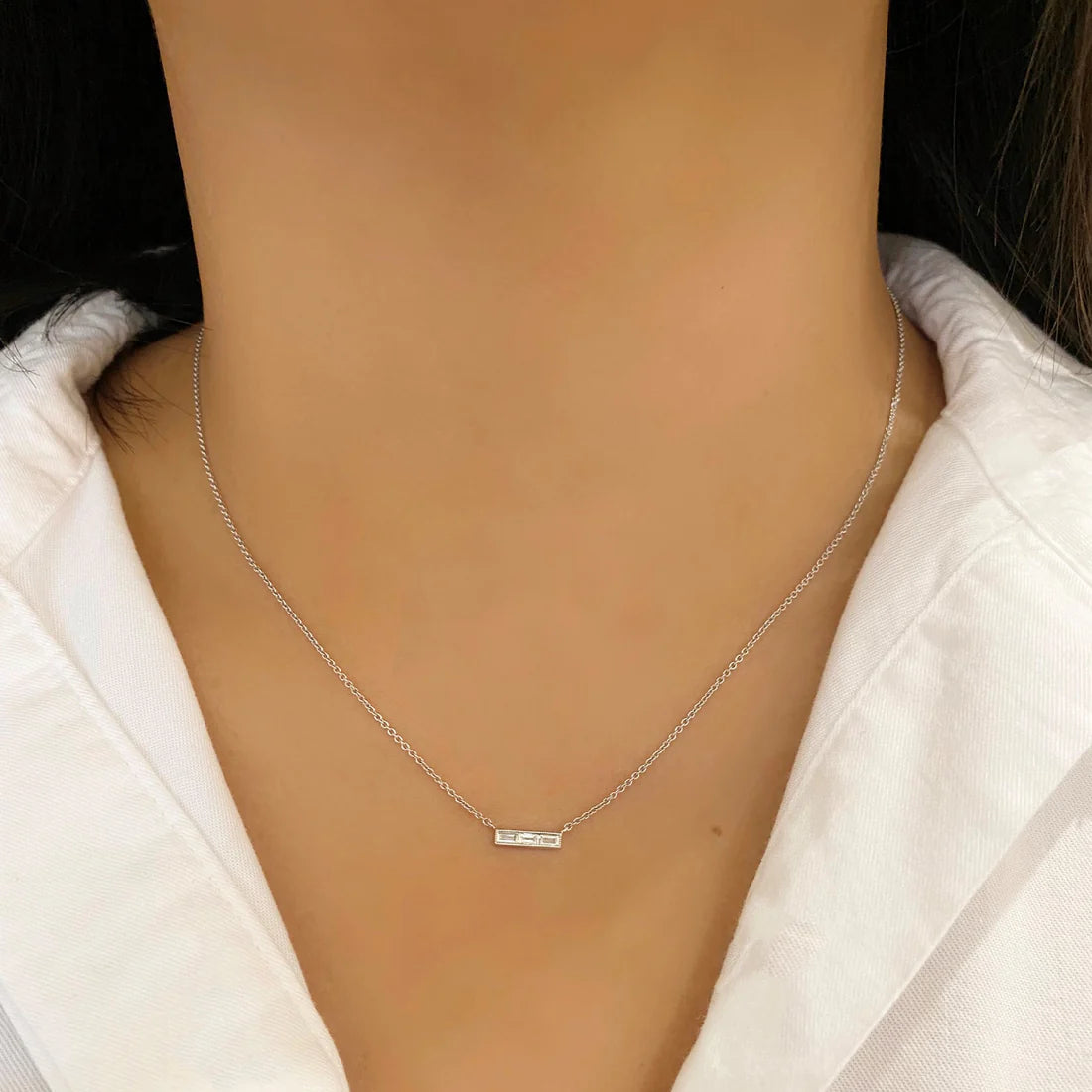 Sethi Couture Necklaces and Pendants Sethi Couture 18K White Gold Silhouette Three-Stone Diamond Bar Necklace