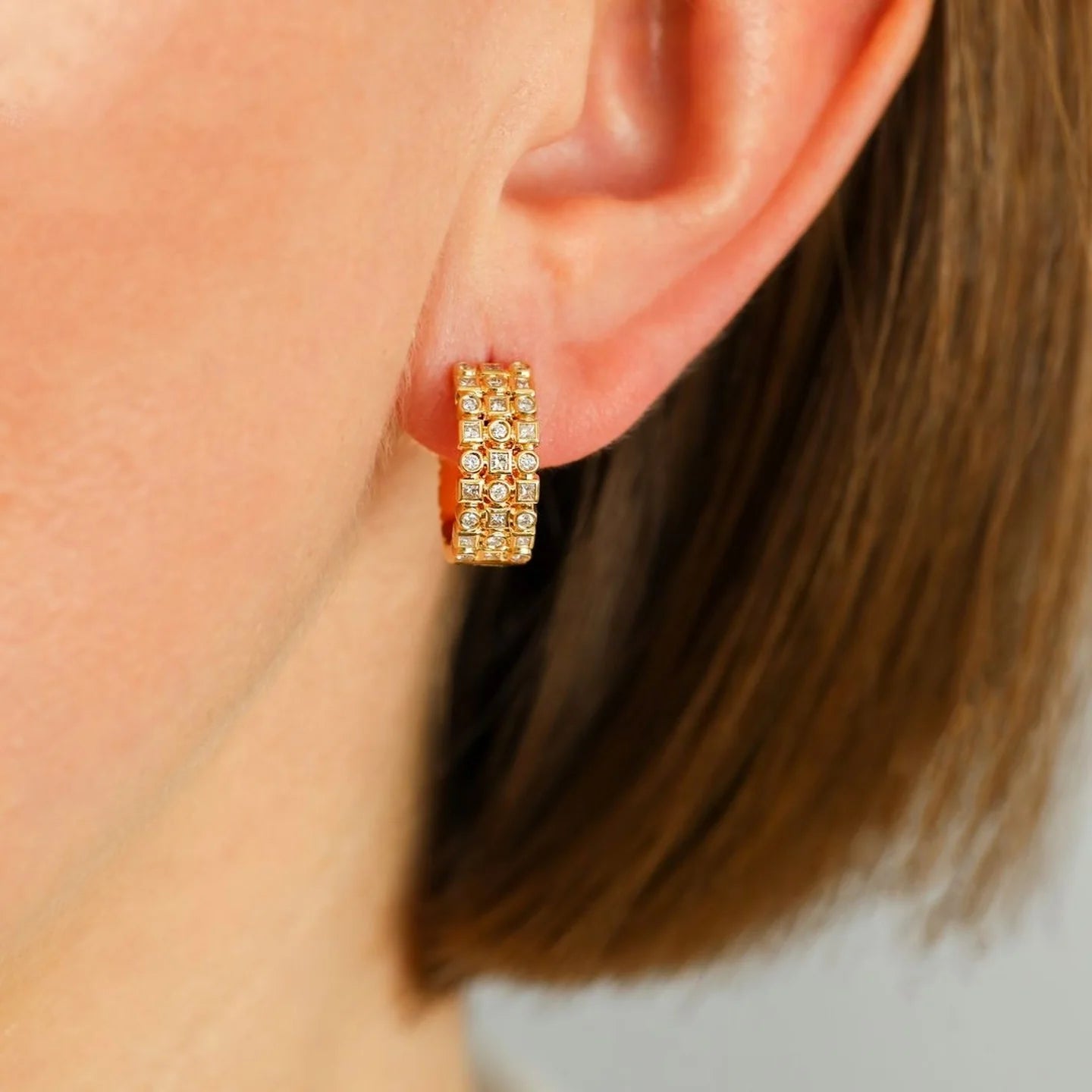 Sethi Couture Earrings Sethi Couture 18K Yellow Gold Kate Three Row White Diamond Huggies