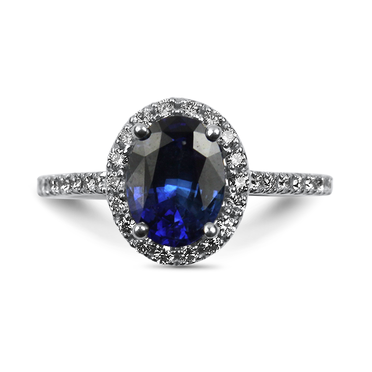 Springer's Collection Ring 14k White Gold Oval Cut Ceylon Sapphire and Diamond Halo Ring 6.25