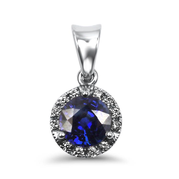 Springer's Collection Necklaces and Pendants 14k White Gold Sapphire and Diamond Halo Pendant