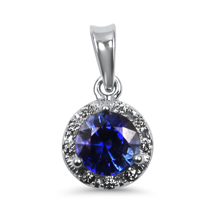 Springer's Collection Necklaces and Pendants 14k White Gold Sapphire and Diamond Halo Pendant