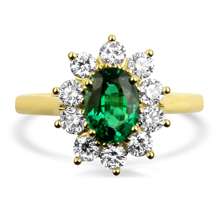 Springer's Collection Ring Suna Bros 18k Yellow Gold Oval Emerald and Diamond Halo Ring 6.75