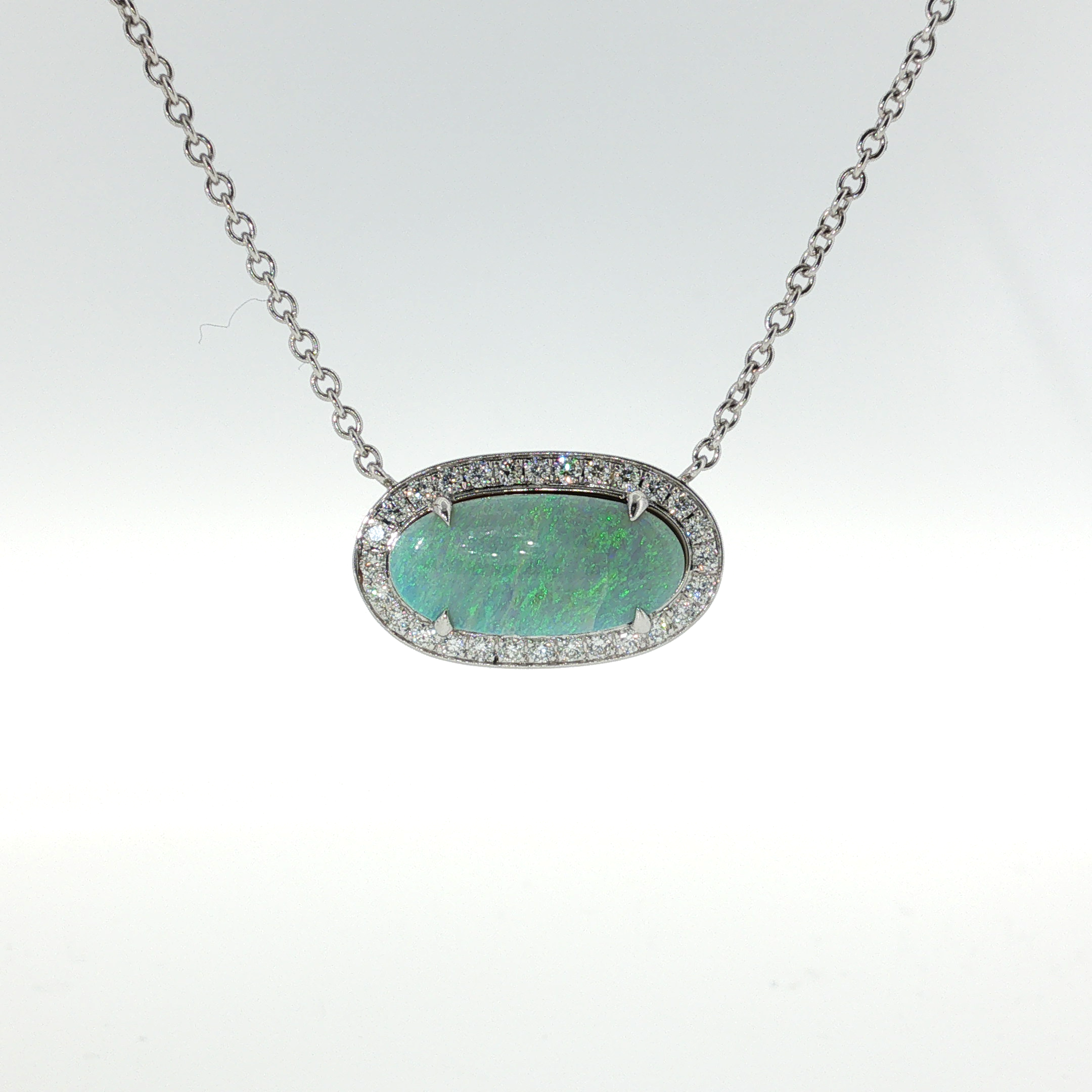 Springer's Forever 14K White Gold East-West Oval Opal and Diamond Halo Necklace - 3.75ct, 17.5"