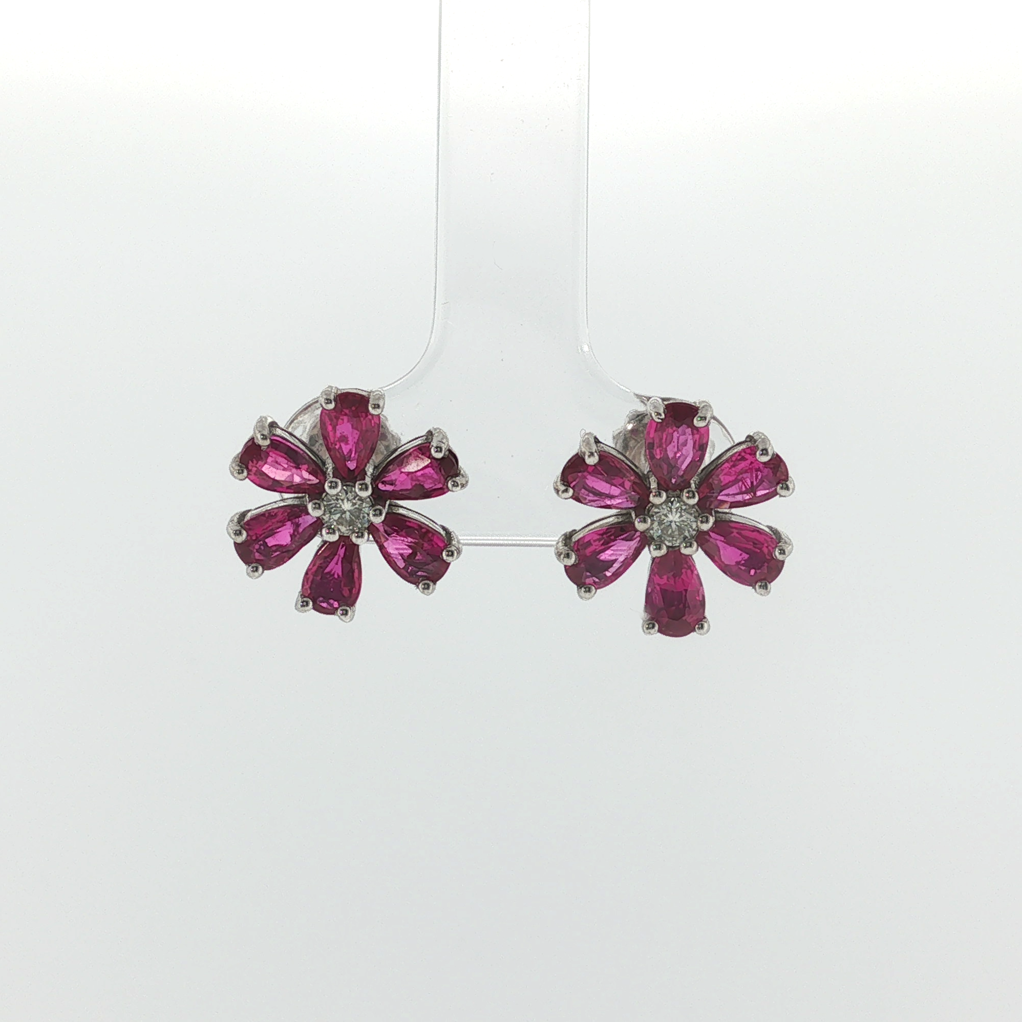 Springer's Earrings Estate 14K White Gold Ruby and Diamond Flower Stud Earrings