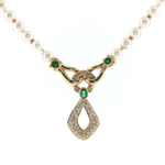 Springer's Pearl Necklaces Estate 18K Yellow Gold Pearl Necklace with Emerald Diamond Drop