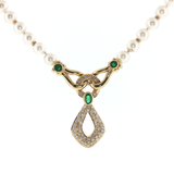 Springer's Pearl Necklaces Estate 18K Yellow Gold Pearl Necklace with Emerald Diamond Drop