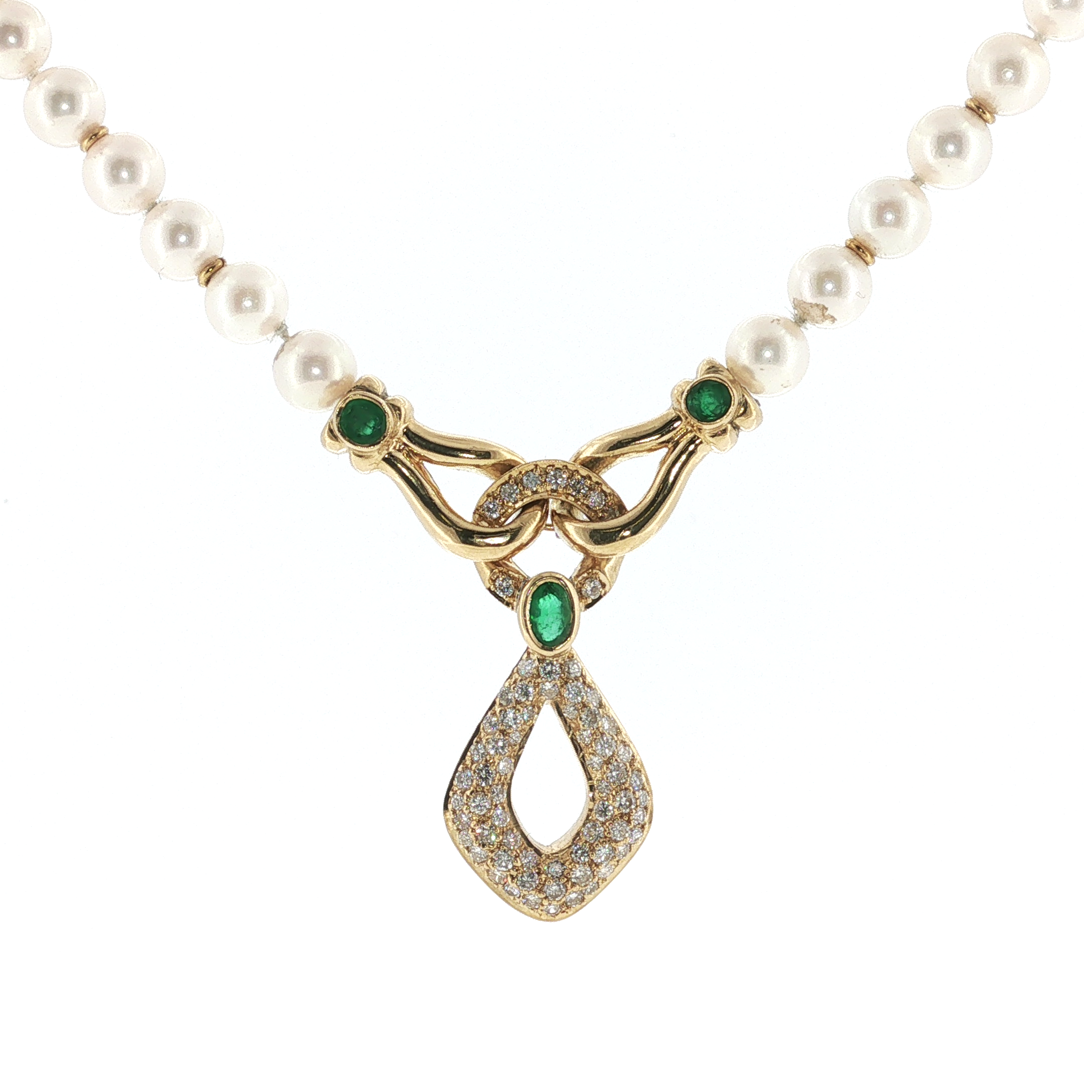 Springer's Pearl Necklaces Estate 18K Yellow Gold Pearl Necklace with Emerald Diamond Drop