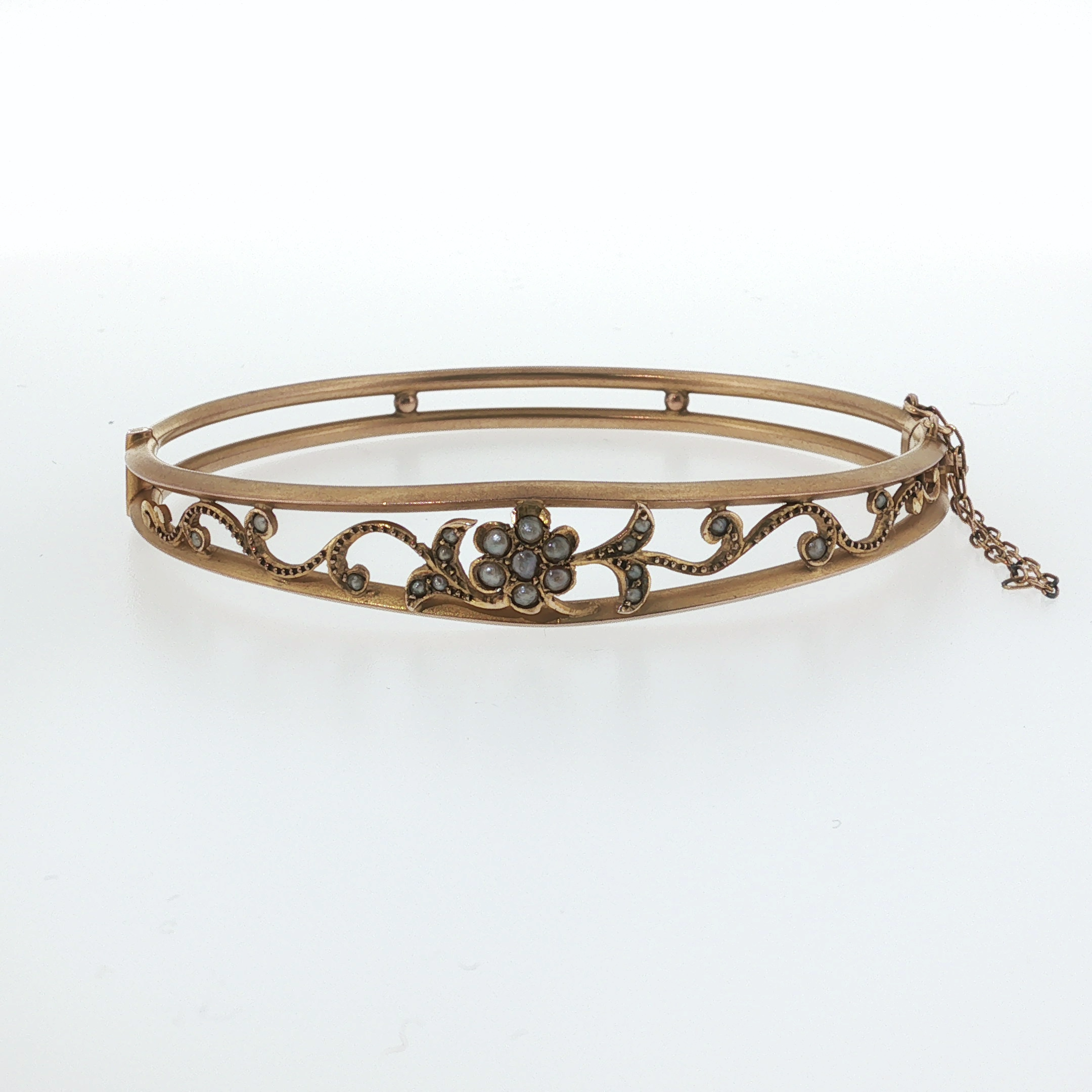 Springer's Bangles Estate Victorian 9K Yellow Gold Seed Pearl Floral Bangle