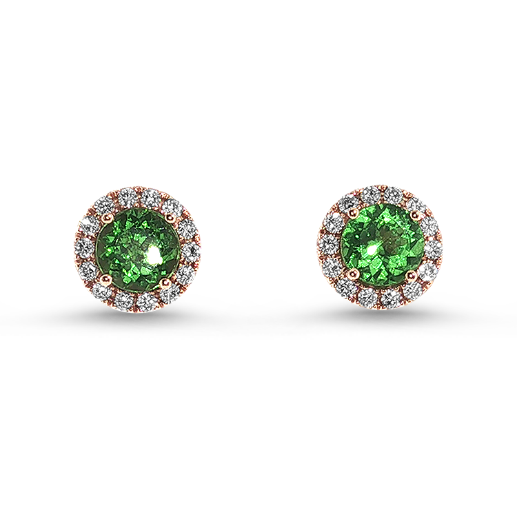 Springer's Forever Earrings Springer's Forever 14K Rose Gold Tsavorite Garnet Diamond Halo Earrings