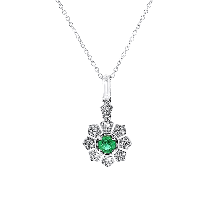 Springer's Forever Necklace Springer's Forever 14K White Gold Emerald Diamond Flower Necklace - 0.14ct, 18"