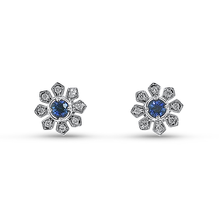 Springer's Forever Earrings Springer's Forever 14K White Gold Sapphire Diamond Flower Halo Earrings