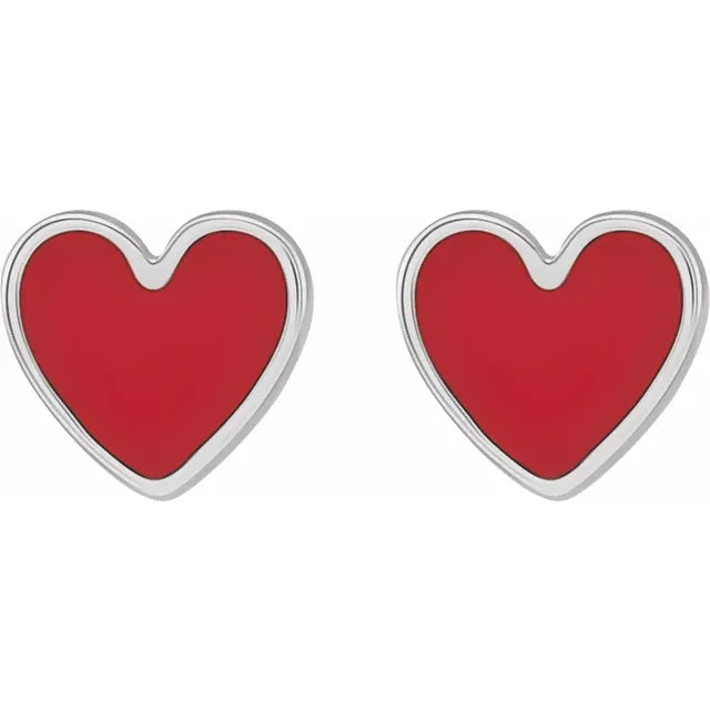 Springer's Forever Earring Sterling Silver Red Enamel Heart Stud Earrings