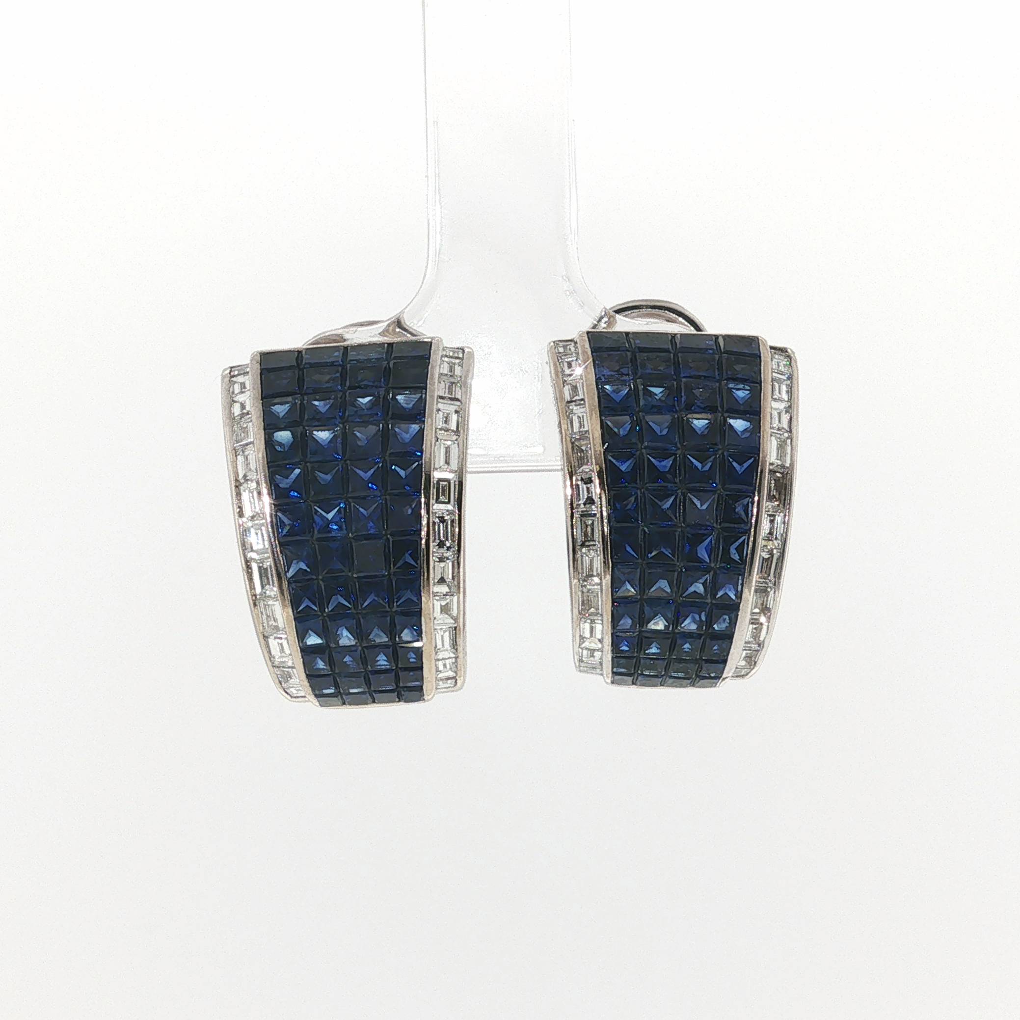 Springer's Clip-On Earrings Page Estate Collection 18K White Gold Invisible Set Sapphire Diamond Hoop Earrings