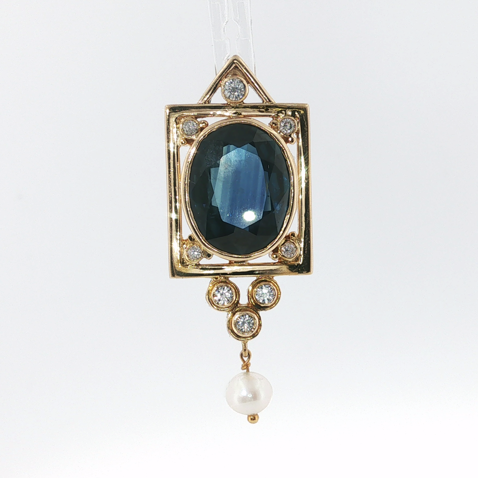 Springer's Pendants Page Estate Collection 18K Yellow Gold Blue Sapphire Diamond Pearl Pendant