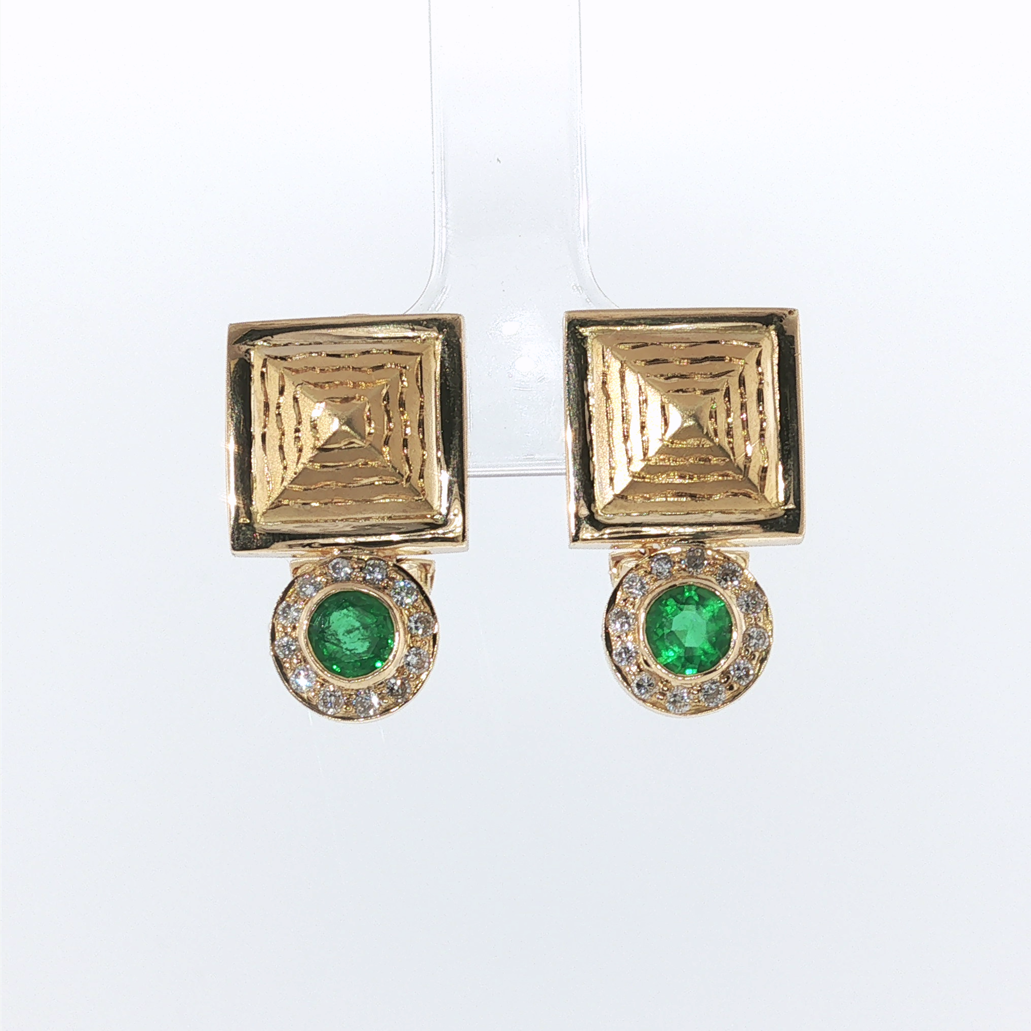 Springer's Drop Earrings Page Estate Collection 18K Yellow Gold Emerald and Diamond Pyramid Drop Earrings