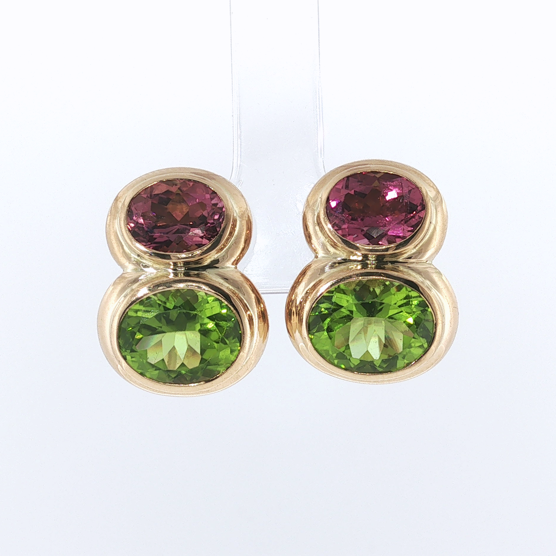 Springer's Stud Earrings Page Estate Collection 18K Yellow Gold Peridot and Pink Tourmaline Earrings