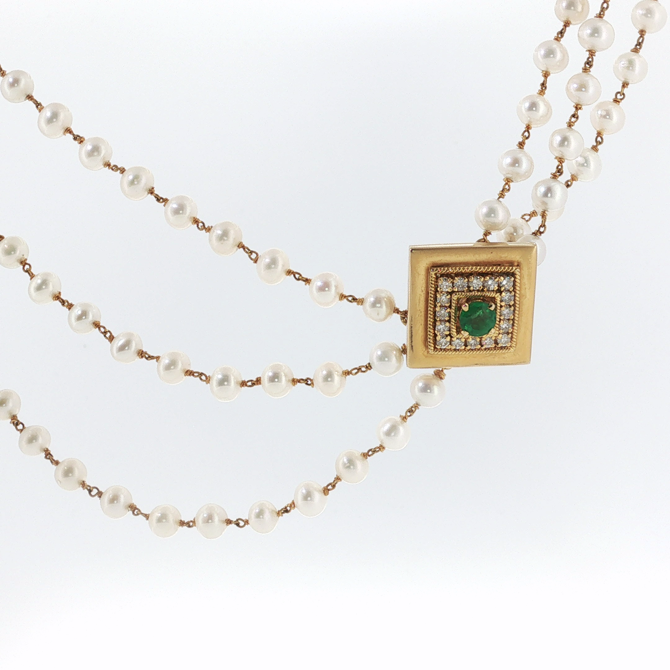Springer's Layered Necklaces Page Estate Collection 18K Yellow Gold Three-Strand Pearl Necklace with Emerald Clasp