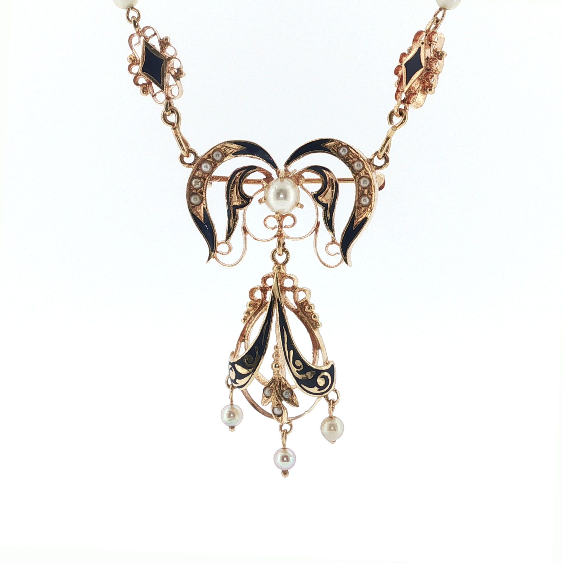 Springer's Charm Necklaces Page Estate Collection Antique 14K Yellow Gold Enameled Pearl Convertible Necklace