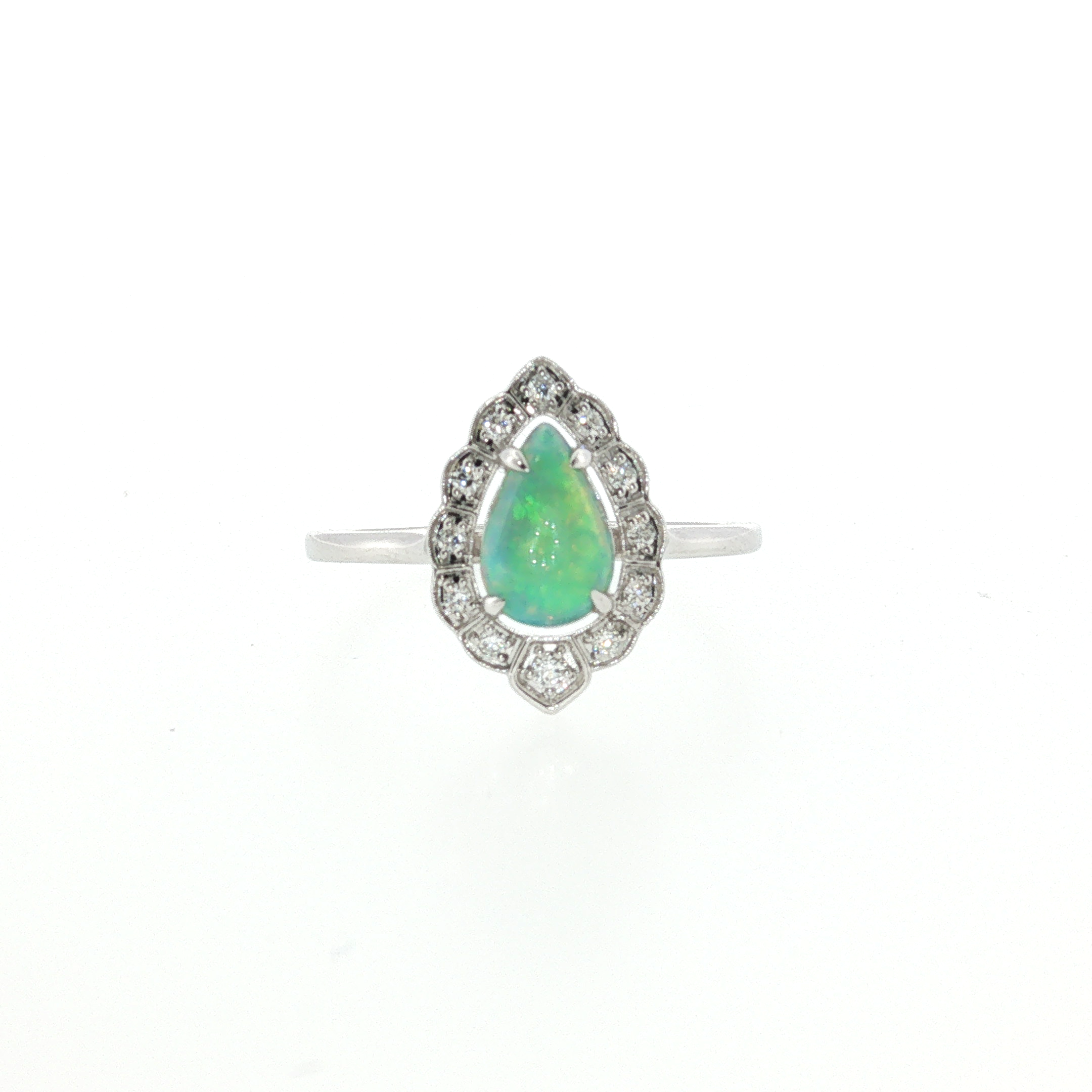 Springer's Forever 14K White Gold Pear-Shaped Opal and Diamond Halo Cocktail Ring - 0.52ct