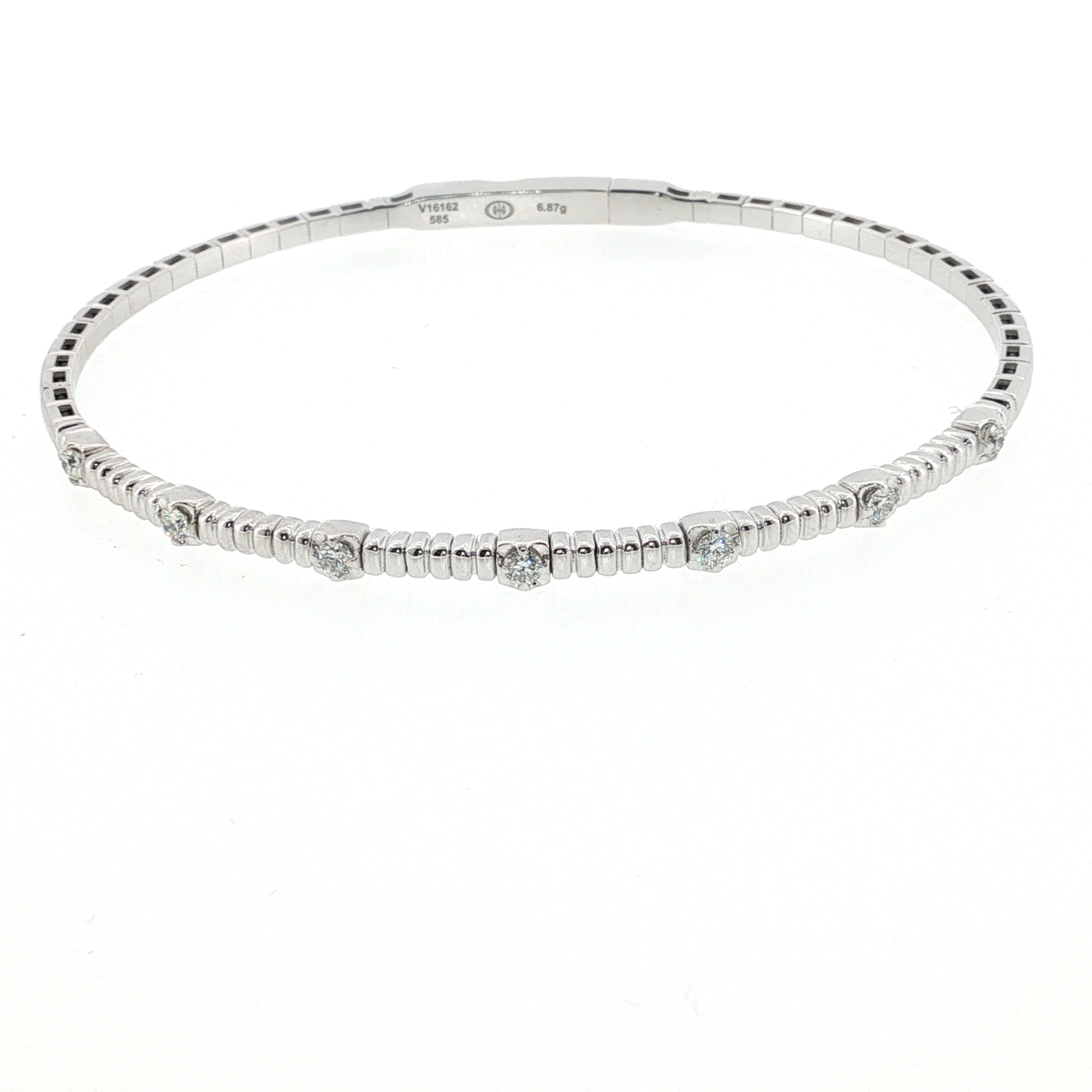 Christopher Designs 14K White Gold Diamond Station Ribbed Bangle Bracelet