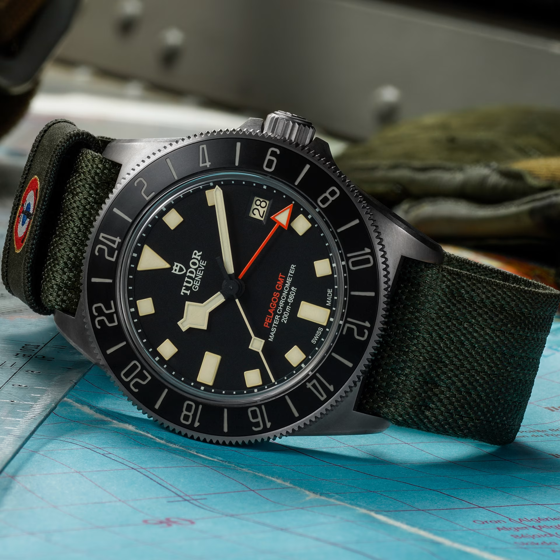 TUDOR Watch Pelagos FXD GMT, Black Dial, Green Fabric Strap (M2542G257NU-0002)