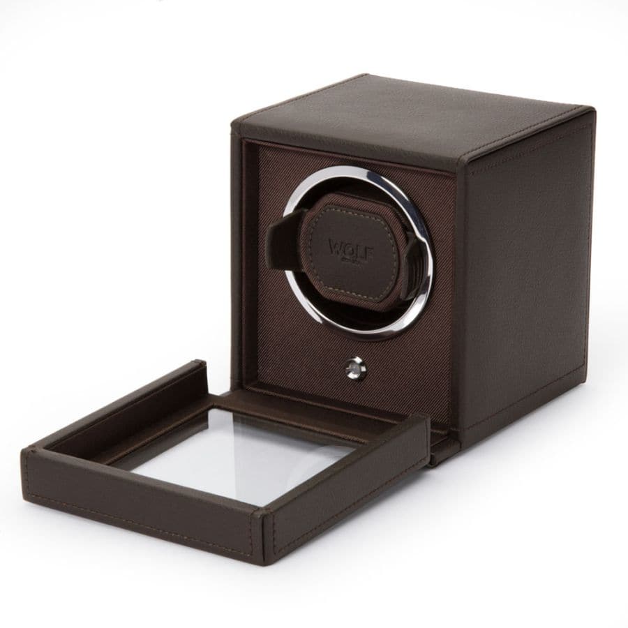 WOLF Designs Watch Winder Single Cub Watch Winder with Cover - Brown