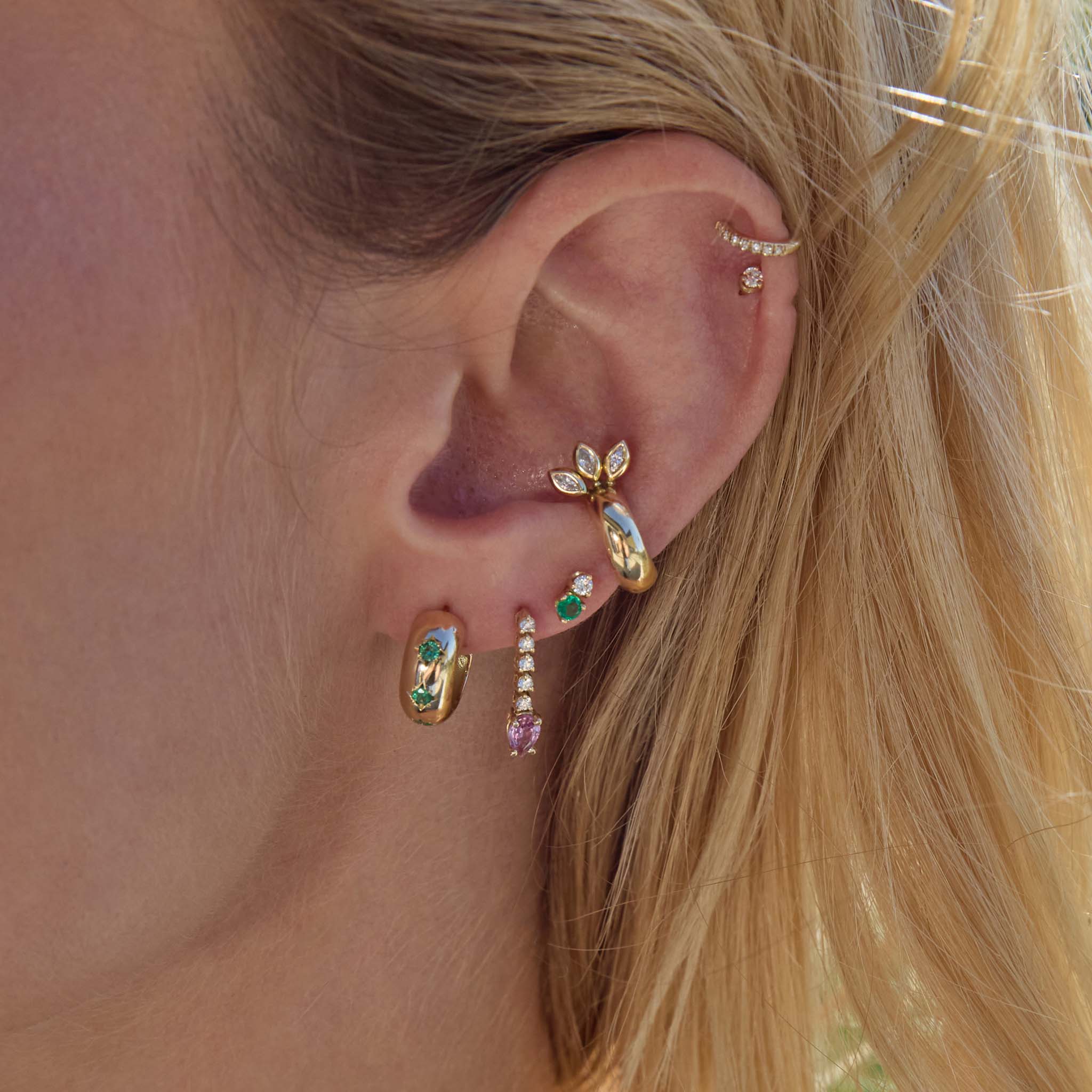 Zoe Chicco Earrings Zoë Chicco 14K Yellow Gold Star Set Emerald Wide Chubby Huggie Hoop Earrings