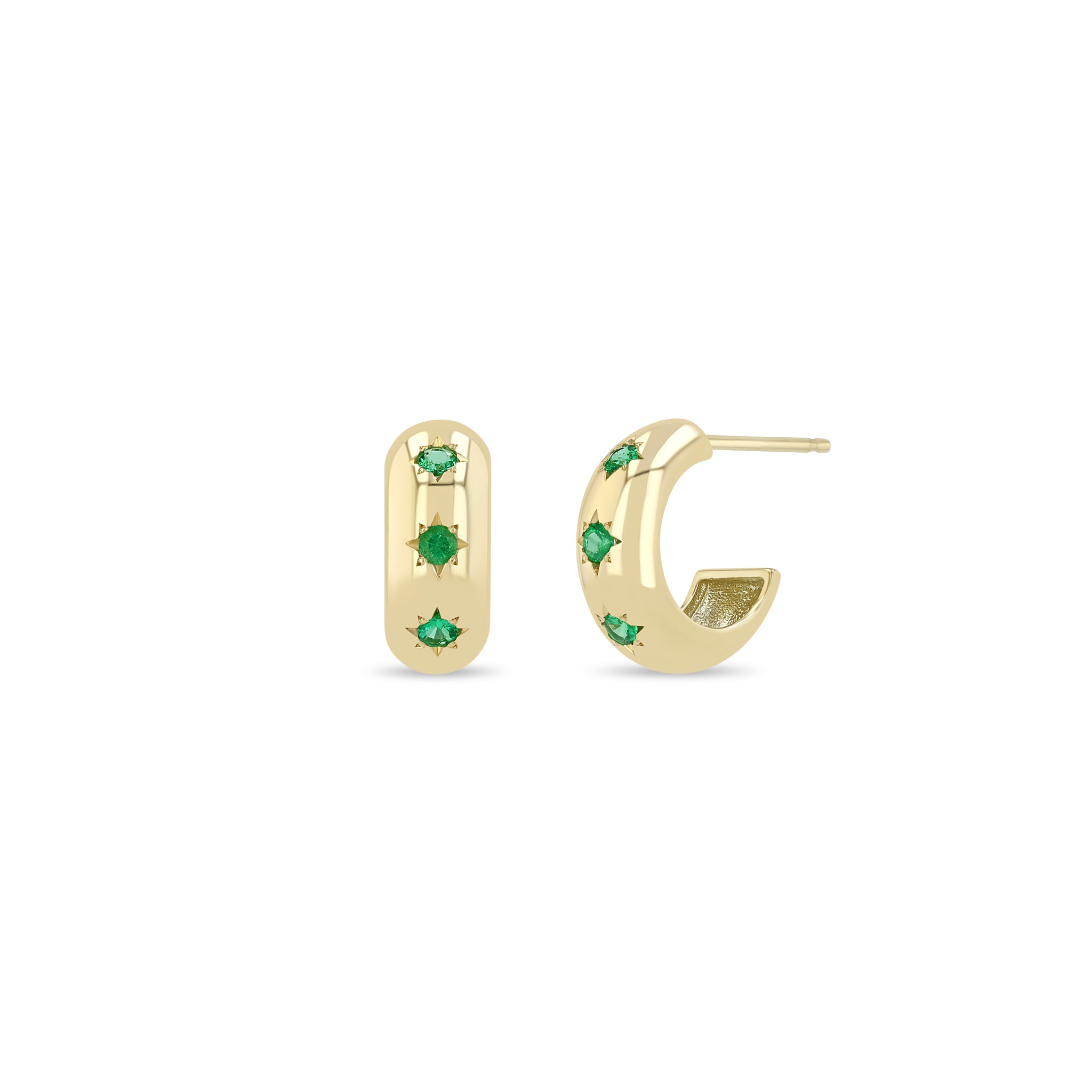 Zoe Chicco Earrings Zoë Chicco 14K Yellow Gold Star Set Emerald Wide Chubby Huggie Hoop Earrings
