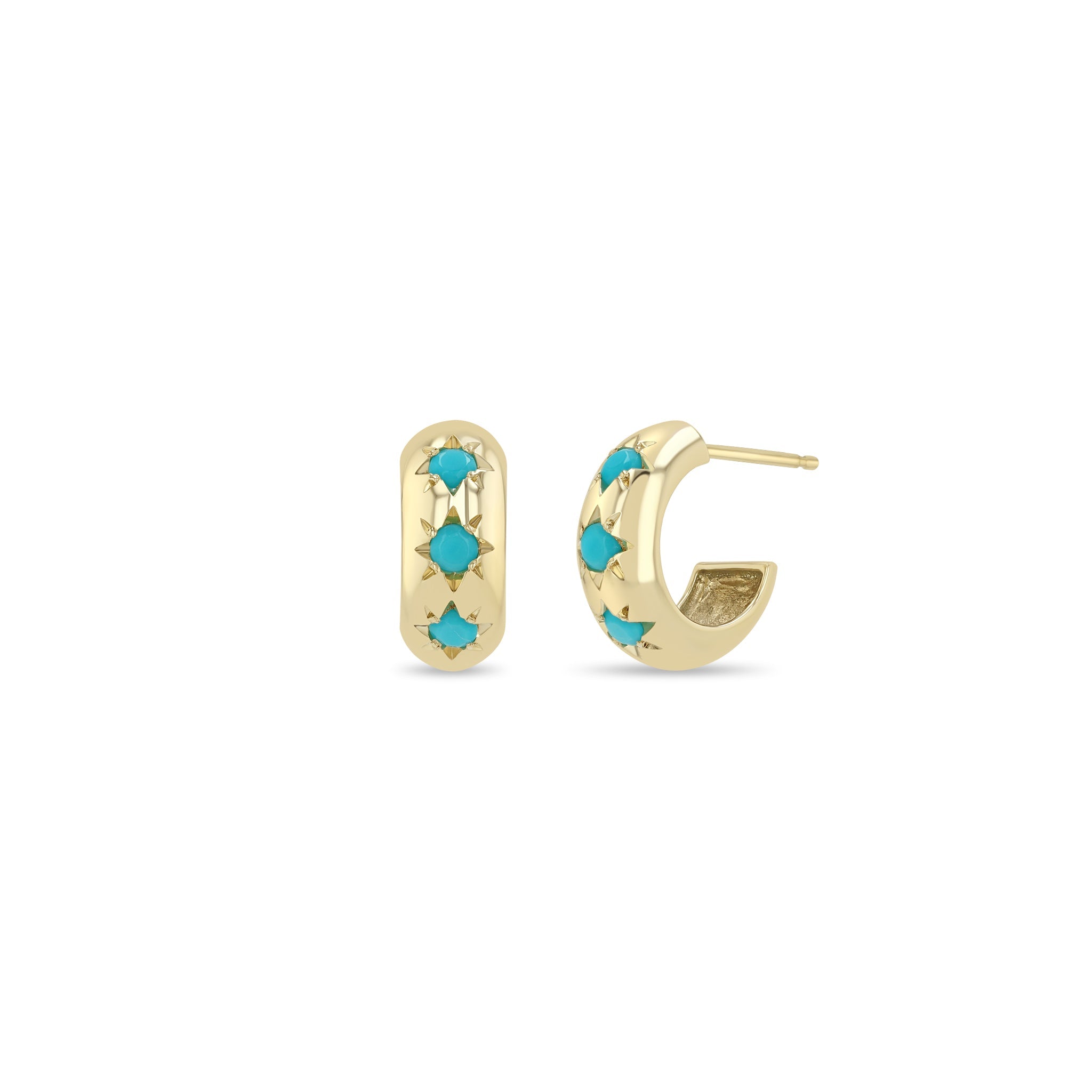 Zoë Chicco 14K Yellow Gold Star Set Turquoise Wide Chubby Huggie Hoop Earrings