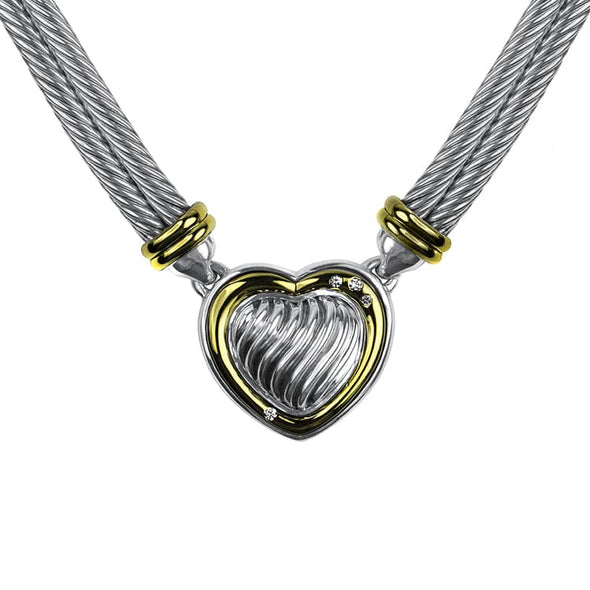 Estate David Yurman Necklaces and Pendants Sterling Silver and 18K Yellow Gold David Yurman Cable Heart Diamond Necklace