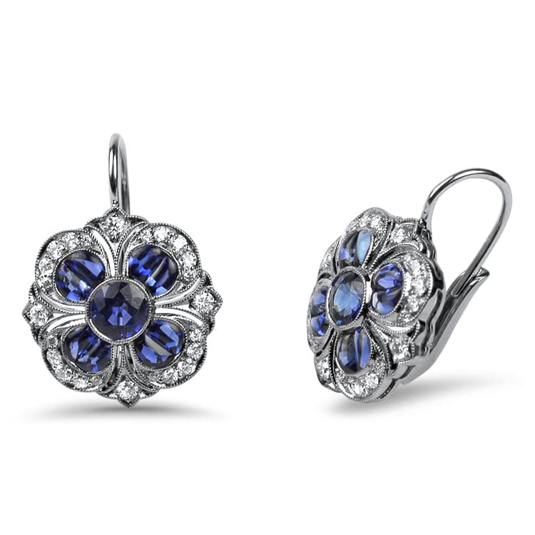 Kwiat Earring 18K White Gold Kwiat Floret Pendant Diamond and Sapphire Dangle Earrings