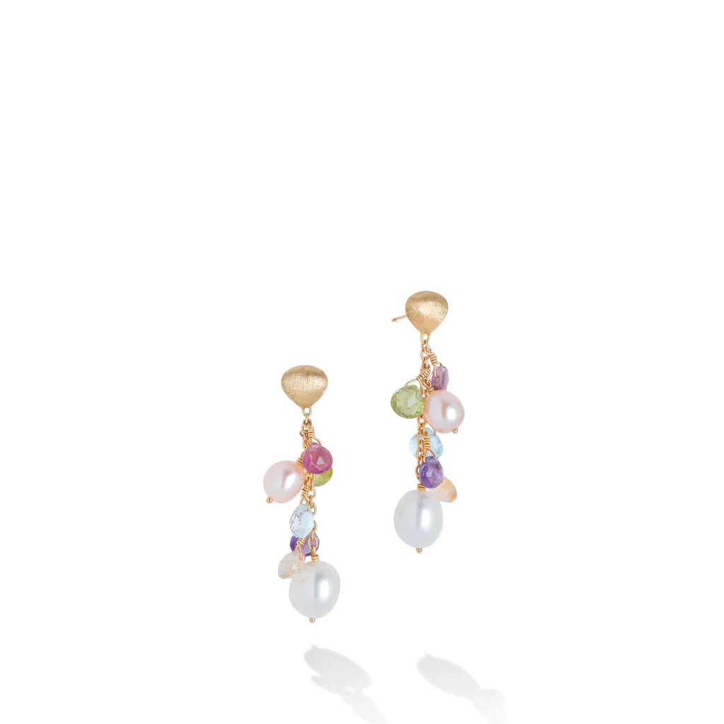 Marco Bicego Earring Paradise Collection 18K Yellow Gold Mixed Gemstone and Pearl Short Drop Earrings