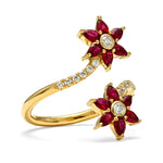Mark Henry Ring 18k Yellow Gold Daffodil Garden Twin Ruby and Diamond Flower Ring 6.5