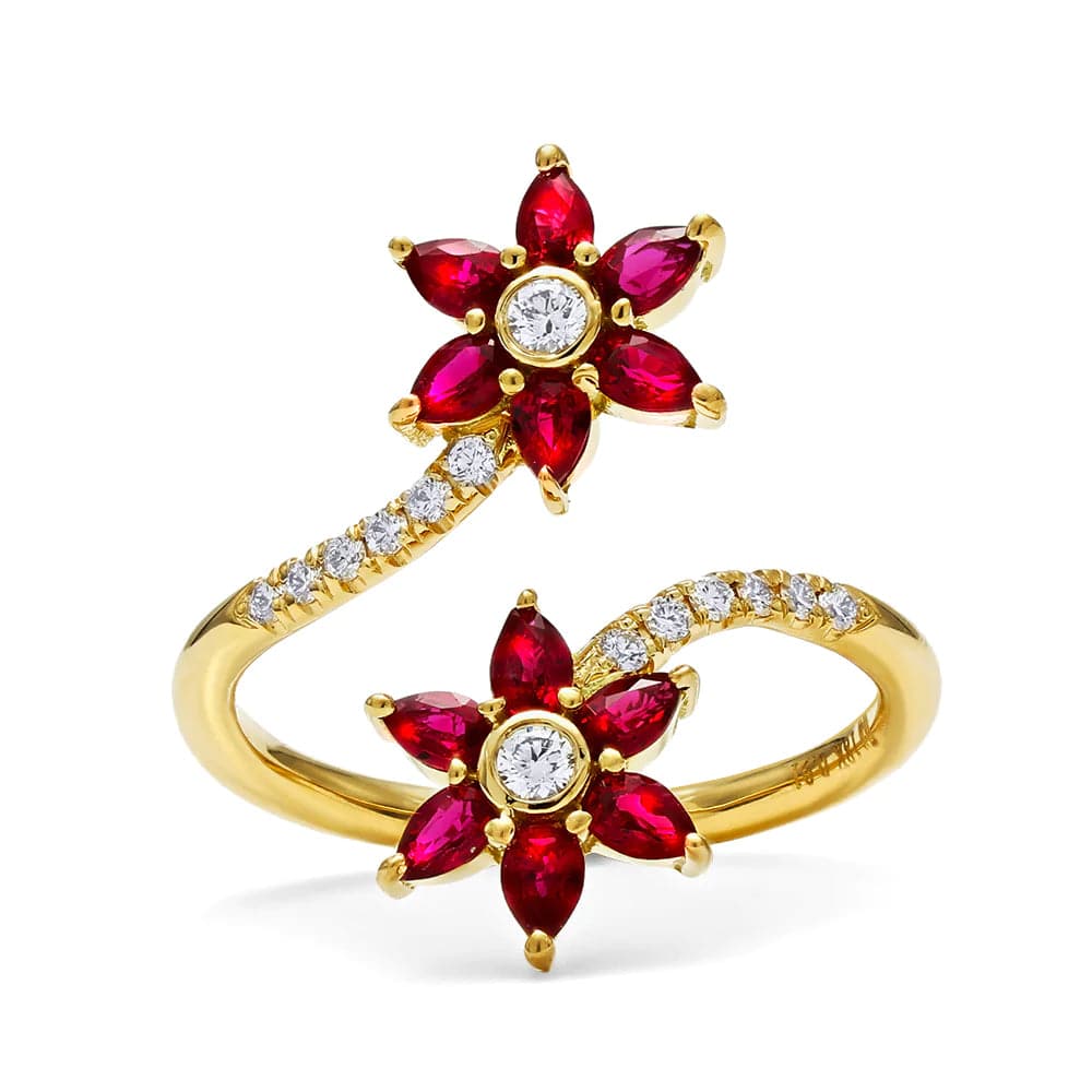 Mark Henry Ring 18k Yellow Gold Daffodil Garden Twin Ruby and Diamond Flower Ring 6.5
