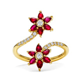 Mark Henry Ring 18k Yellow Gold Daffodil Garden Twin Ruby and Diamond Flower Ring 6.5