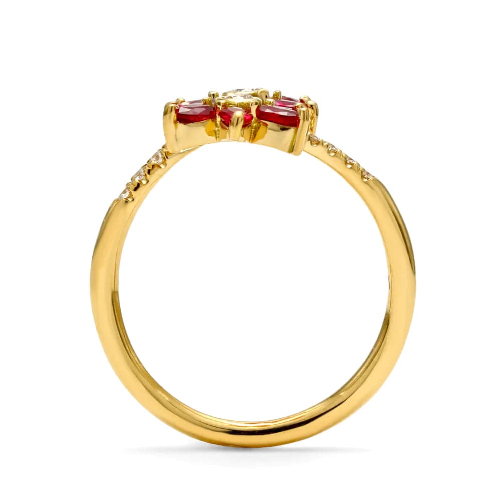 Mark Henry Ring 18k Yellow Gold Daffodil Garden Twin Ruby and Diamond Flower Ring 6.5