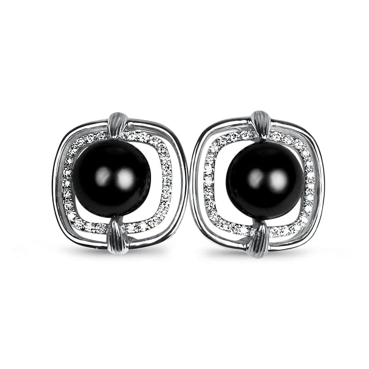 Mastoloni Earring White Gold Tahitian Pearl and Diamond Square Stud Earrings