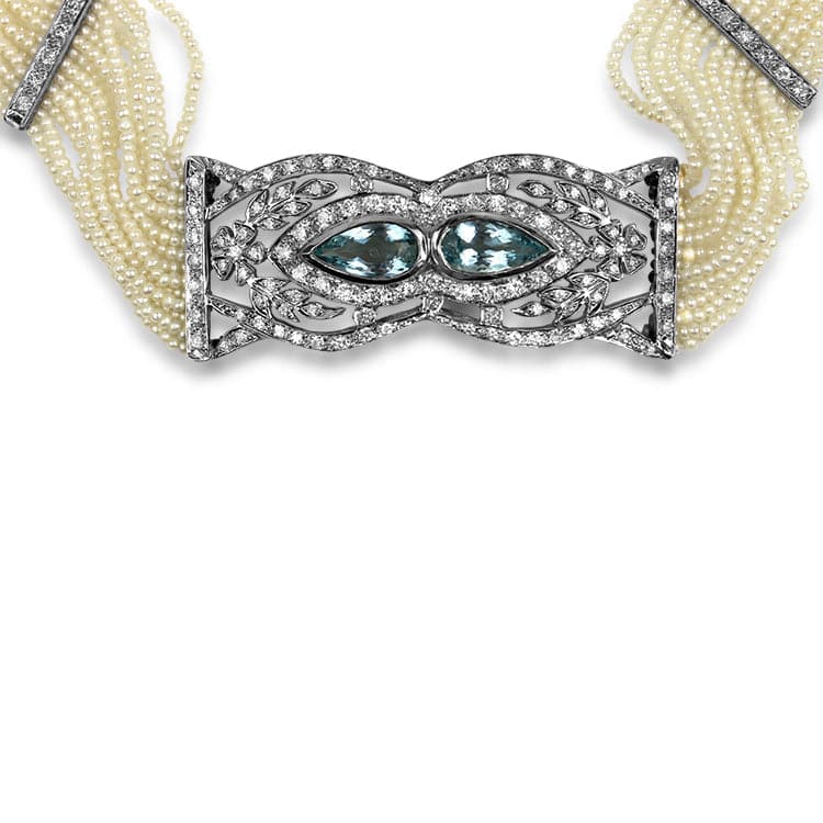 PAGE Estate Necklaces and Pendants 14K White Gold Aquamarine Diamond and Seed Pearl Necklace