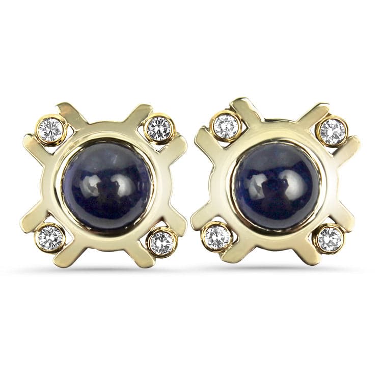 PAGE Estate Earring 14K Yellow Gold Cabochon Sapphire and Diamond Stud Earrings