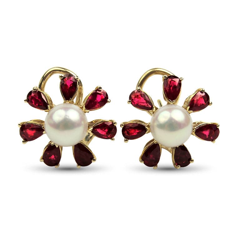 PAGE Estate Earring 14K Yellow Gold Cultured Pearl and Ruby Sunburst Stud Earrings