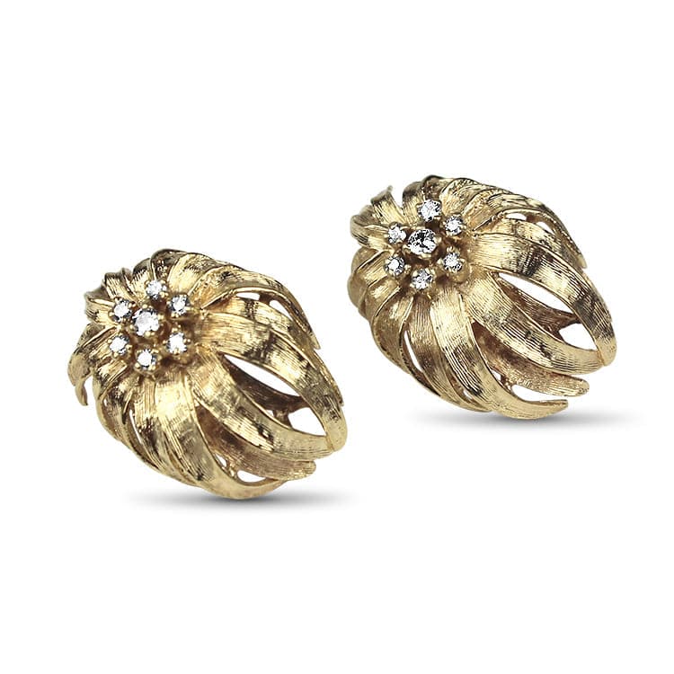 PAGE Estate Earring 14K Yellow Gold Diamond Floral Stud Earrings